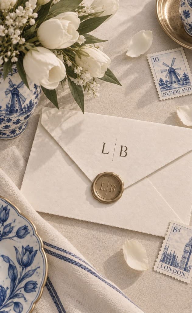 Sobre con sello de lacre L B, tulipanes blancos y porcelana azul.