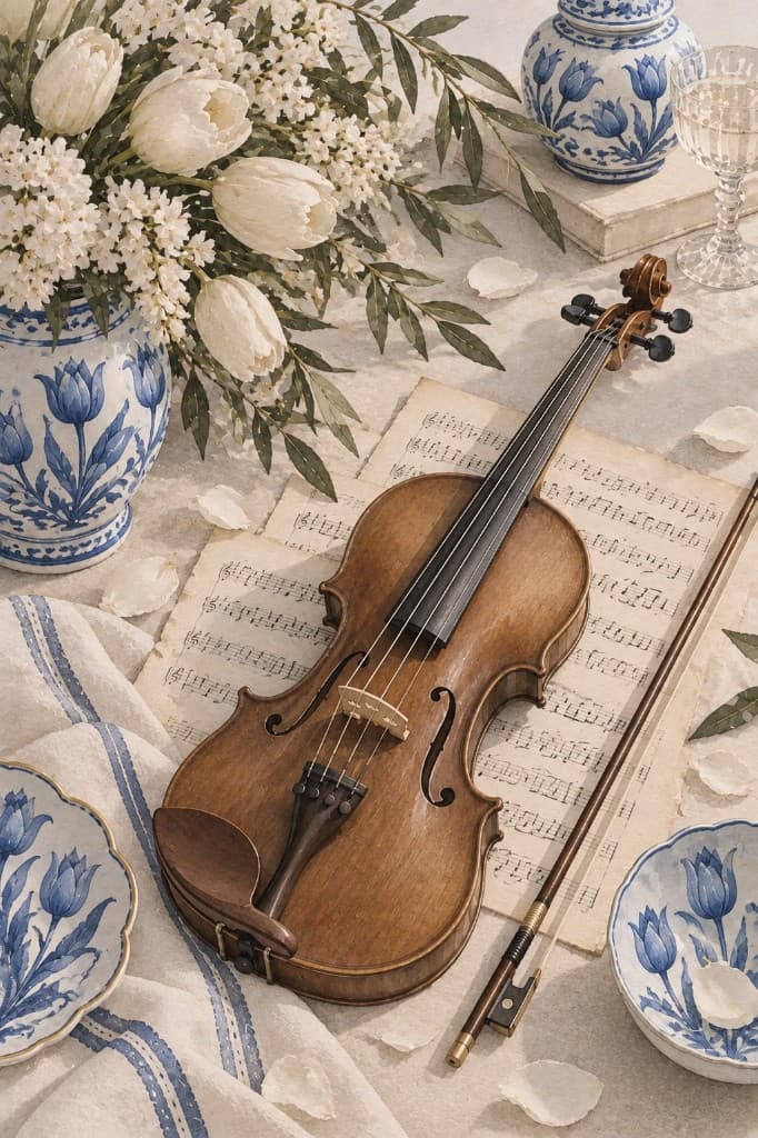 Violín sobre partituras, con tulipanes blancos y porcelana de Delft.